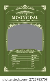 Diseño de etiquetas frescas y premium para Moong Dal (Green Gram) con valores nutricionales, adecuados para la marca de alimentos saludables y el empaque de legumbres.