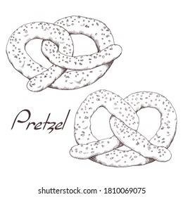 Fresh pretzel from the bakery. German traditional snack. Ink illustration in old vintage style. Isolated clipart set on white background. Hand-drawn sketch.
