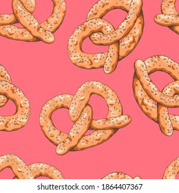 Fresh pretzel from the bakery. German traditional snack. Ink colored illustration in old vintage style. Seamless background with pattern.