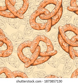 Fresh pretzel from the bakery. German traditional snack. Ink colored illustration in old vintage style. Seamless background with pattern.