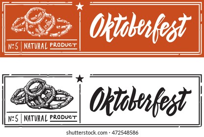 Fresh Pretzel in the form of engraving on label with a text stamp, and lettering calligraphy.