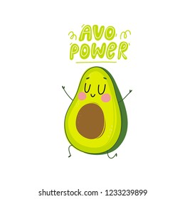 Fresh print with cartoon avocado. Funny cartoon avocado healhty food. 