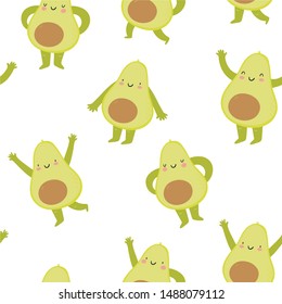 Fresh print with cartoon avocado. Funny cartoon avocado healhty food. Seamless pattern with character avocado