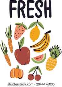 Fresh print isolated on white. Colorful fruits and vegetables doodle illustration.