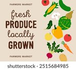 Fresh produce layout. Vector banner, perfect for printing at any size or for digital or social media.Cute, hand-drawn vegetables.