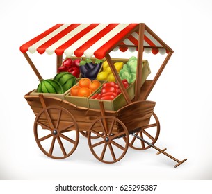 Fresh produce market. Cart with fruits and vegetables. 3d vector icon