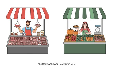 Fresh produce and meat market stalls with farmers displaying goods