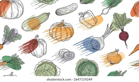 Produto fresco Variedade Mão desenhada Coleção de legumes Comendo saudável mercado agrícola local orgânico