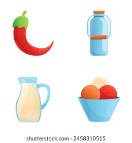 Fresh product icons set cartoon vector. Hot pepper, ice cream and jug of milk. Food and drink