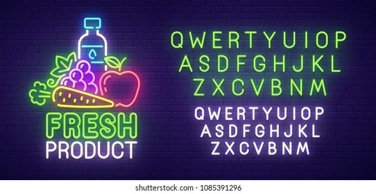Fresh product neon sign, bright signboard, light banner. Vegan logo, emblem and label. Neon text edit