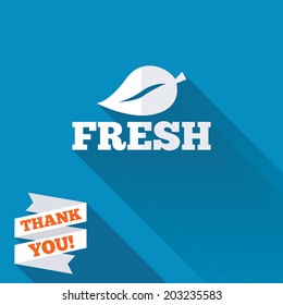 Fresh product sign icon. Leaf symbol. White flat icon with long shadow. Paper ribbon label with Thank you text. Vector