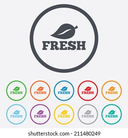 Fresh product sign icon. Leaf symbol. Round circle buttons with frame. Vector
