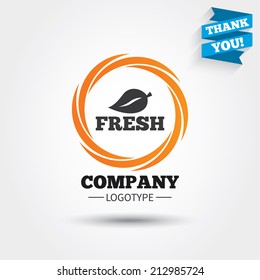 Fresh product sign icon. Leaf symbol. Business abstract circle logo. Logotype with Thank you ribbon. Vector