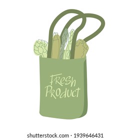Fresh product sign on eco shopping paper bag with green vegetables outline flat illustration. Vegetarian, vegan, bio market concept. Vector stock illustration isolated on white background.