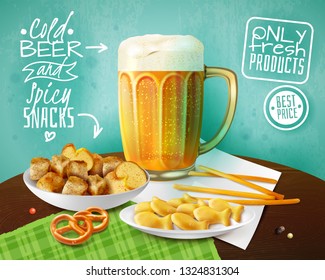 Fresh products advertising background with mug of cold beer  and bowls with crackers and snacks realistic vector illustration