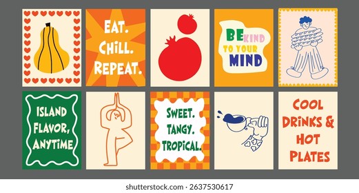 A fresh promotional banner ideal for cafés and restaurants. Combines tropical fruits, fresh veggies, and positive summer phrases. Featuring elements like ripe tomatoes, broccoli, pineapple