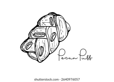 Fresh puff pastry, maple pecan, puff with maple syrup. Pecan Puff pastry sketch with script lettering, Text with hand drawn element. Typography poster for cafe, menu, card.Fresh sweet pastries