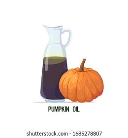 fresh pumpkin oil glass bottle with ripe orange vegetable isolated on white background vector illustration