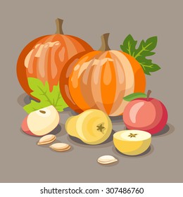 Fresh pumpkin, red apple, yellow pear, seeds and sliced fruit vector illustration. Autumn food background. Harvest still live concept.