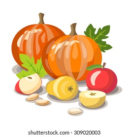 Fresh pumpkin, red apple, yellow pear, seeds and sliced fruit vector illustration. Autumn food background. Thanksgiving Day greeting card, banner, symbol concept. Organic farm products.