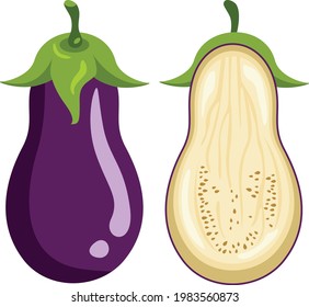 Fresh purple eggplant whole and cut into half