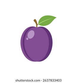 Fresh Purple Plum with Green Leaf and Stem , Healthy Fruit Flat Design Icon.