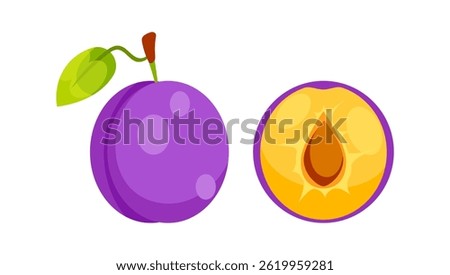 Fresh purple plum with leaf and half plum showing the seed