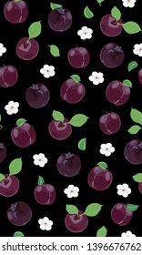 Fresh purple plum seamless pattern with white cherry blossom on black background, Vector illustration