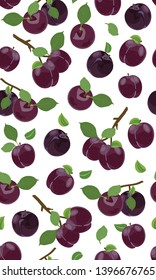 Fresh purple plum seamless pattern, Vector illustration isolated on white background