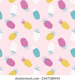Fresh Purple Violet Yellow Pineapples Vector Repeat Seamless Pattrern in Green and Yellow Colors. Great for fabric, packaging, wallpaper, invitations.