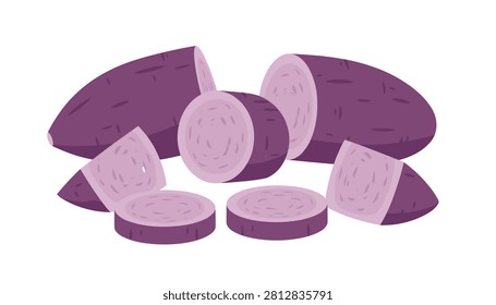 Fresh purple yam cut into various pieces showing textured cross sections for cooking and ingredient preparation.