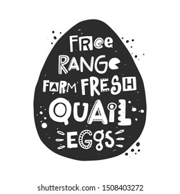 Fresh quail eggs banner template. Farm organic product silhouette. Healthy nutrition, natural dish stylized lettering with ink drops. Fast cooking meal, farmer market poster design element
