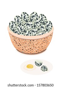 Fresh Quail Eggs in A Wicker Basket and Cracked Egg on White Backgrounds 