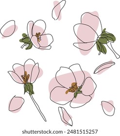 Fresh quince flowers. Beautiful pink flowers falling in the air isolated on pink background.