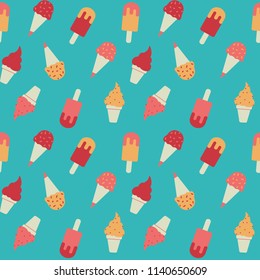 Fresh and radiant popsicles and ice cream in the waffle pattern on turquoise background. Seamless graphic pop repeat design. 