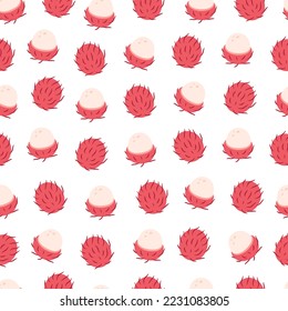Fresh rambutan seamless pattern. Exotic and tropical fruit seamless pattern. Healthy food. Flat, hand drawn texture for wallpaper, textile, fabric, paper. Hand drawn vector illustration