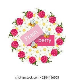 Fresh raspberries. Bees collect honey on raspberry flowers. Ripe berry. Fresh, juicy berries in circle. Eco food. Summer fruit illustration. Farmers market emblem banners. Vector illustration