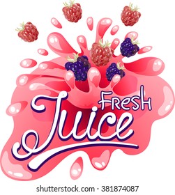 Fresh raspberries juice. Pink vector banner with text.
