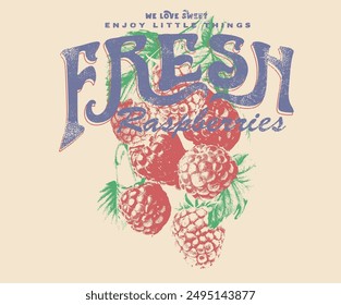 Fresh raspberry artwork. Organic fruit market. raspberry fruit print. Nature fruit club print design. Organic berry food artwork for for t-shirt. Fruit vintage t-shirt design.