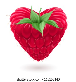 Fresh raspberry with green leaves in the shape of heart on white background.