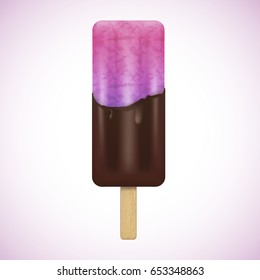 Fresh raspberry ice-cream in chocolate. Tasty and creamy dessert in realistic style. 3d vector illustration. Pink color. 