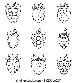 Fresh raspberry icons set. Outline set of fresh raspberry vector icons for web design isolated on white background