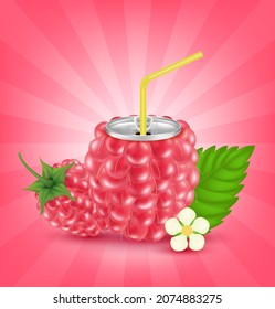 Fresh raspberry juice soft drink with lid aluminum can and drinking straw. Isolated on a pink background. Healthy fruit drink concept. Realistic 3D vector EPS10 illustration.