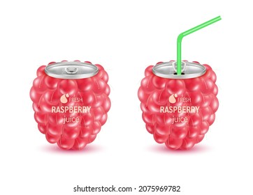 Fresh raspberry juice soft drink with lid aluminum can and drinking straw. Isolated on a white background. Healthy fruit drink concept. Realistic 3D vector EPS10 illustration.