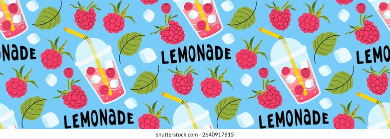 Fresh raspberry lemonade seamless pattern on blue background. Bright summer background for cafe menus. Take away summer drink. Berries, leaves, ice cubes. Food and drinks. Vector flat illustration.