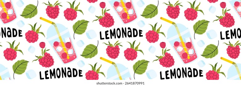 Fresh raspberry lemonade seamless pattern on white background. Bright summer background for cafe menus. Take away summer drink. Berries, leaves, ice cubes. Food and drinks. Vector flat illustration.