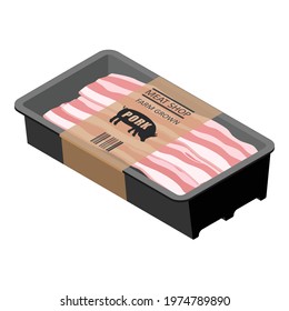 Fresh raw bacon slices in package isolated on white background. Tasty breakfast meal ingredient. Vector
