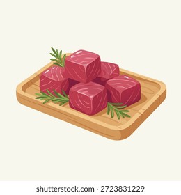 Cubos de carne frescos e crus artisticamente arranjados em uma bandeja de madeira, guarnecidos com raminhos de alecrim fresco.