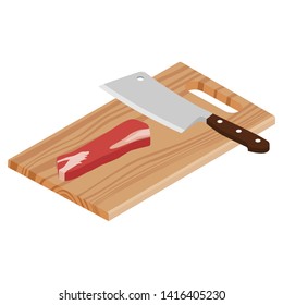 Fresh raw beef meat and butcher meat knife on a cutting board isolated on white background