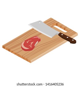 Fresh raw beef meat and butcher meat knife on a cutting board isolated on white background